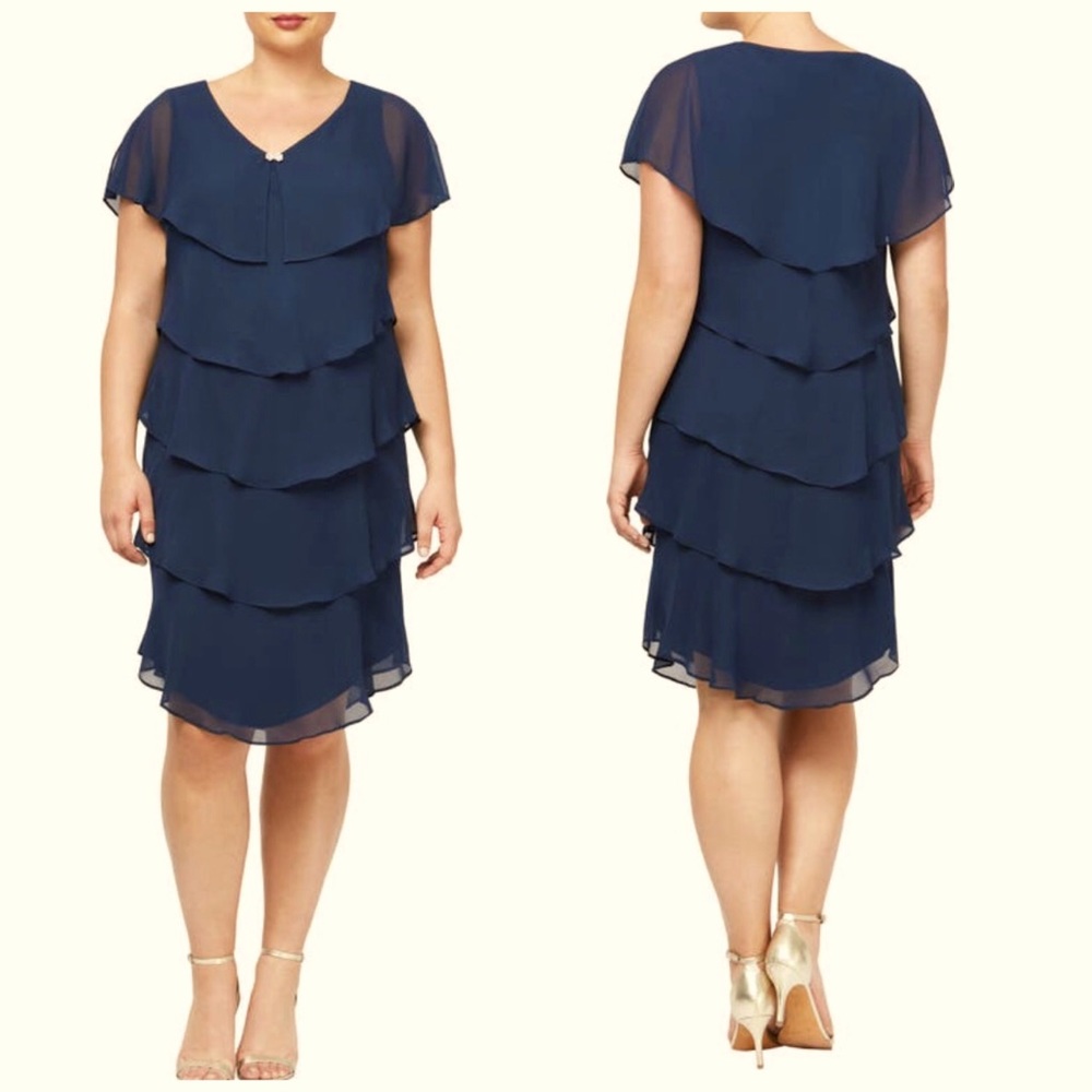 NWT SLNY Penble Georgette Navy Tiered Chiffon Dress 16W